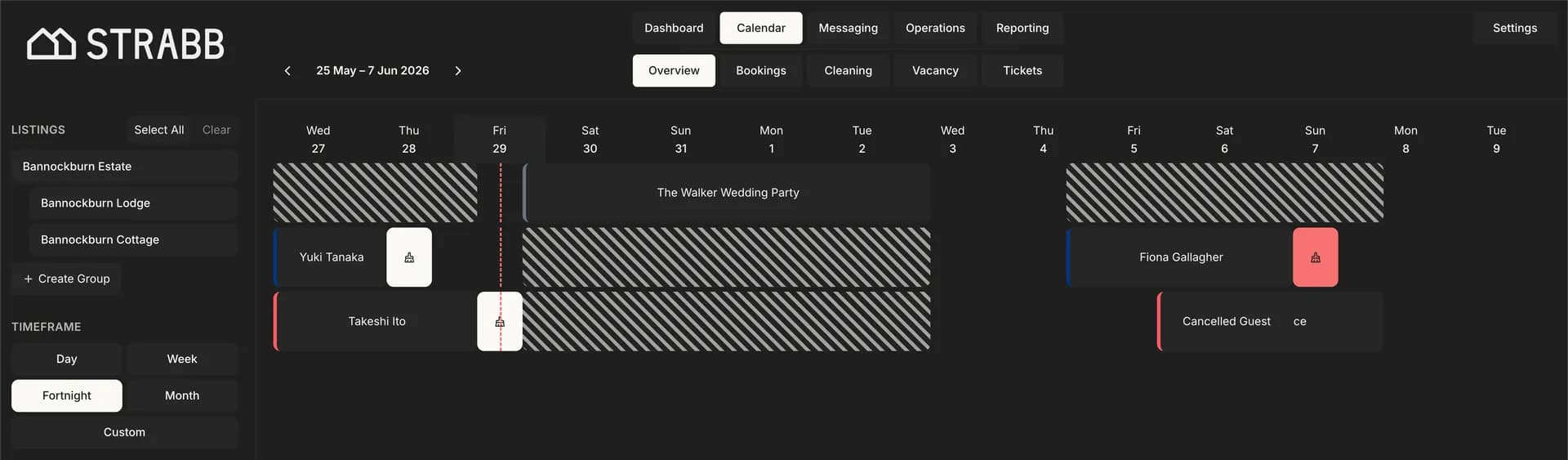 STRABB's Gantt timeline laying every channel's bookings across the calendar, so a double-booked night stands out at a glance