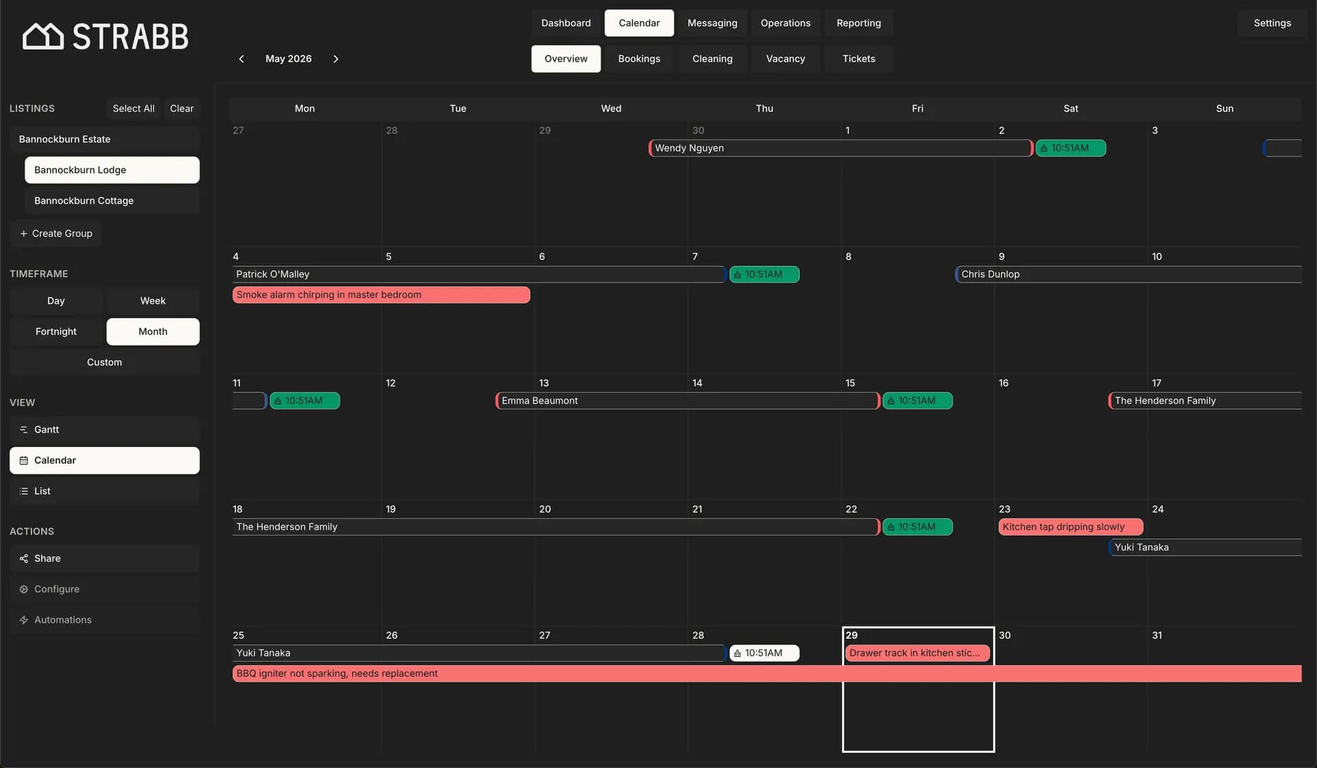 The STRABB calendar Overview: every booking, turnover clean and maintenance job across your listings on one month view