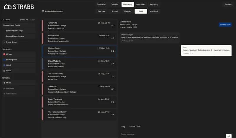 A STRABB guest message thread with the host's saved reply scheduled to send automatically